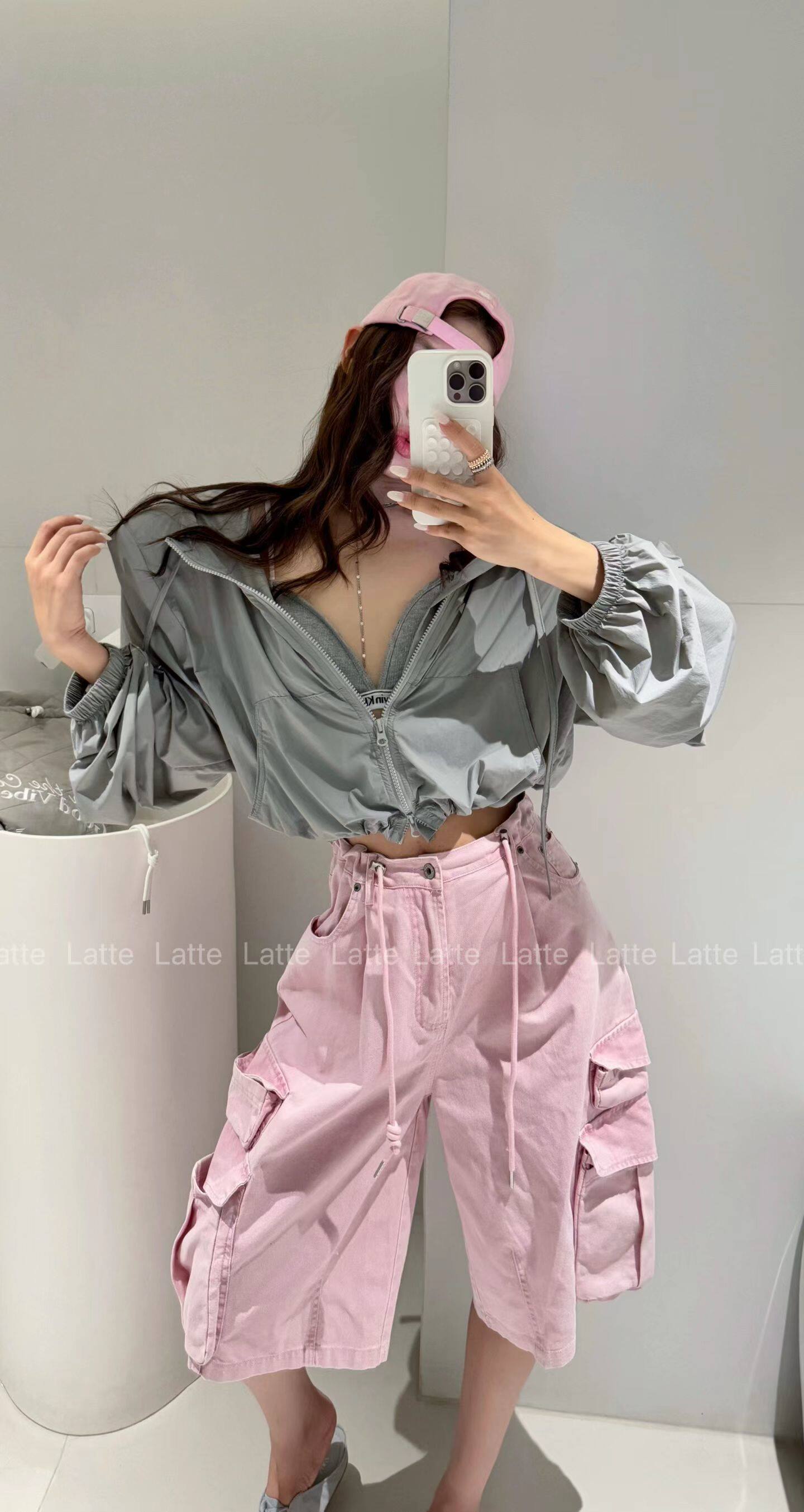 LATTE正版夏季新款 粉色工装中裤女 腰部自己抽绳