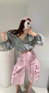 LATTE正版夏季新款 粉色工装中裤女 腰部自己抽绳