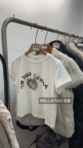 BELLATAG正版新款 很可爱的图案白色短袖短款T恤女