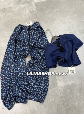 杭州LILI新款 藏蓝色短袖T恤加蓝色碎花休闲裤套装