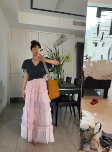 模特自留春夏新款 松紧腰粉色蛋糕裙长裙半身裙女