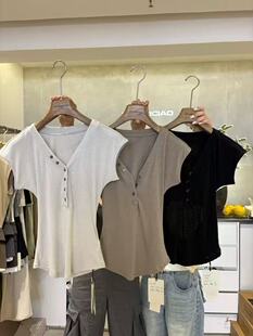 LQ LIMCIAO正版夏季新款 后背漏腰纯色V领紧身弹力短袖T恤女