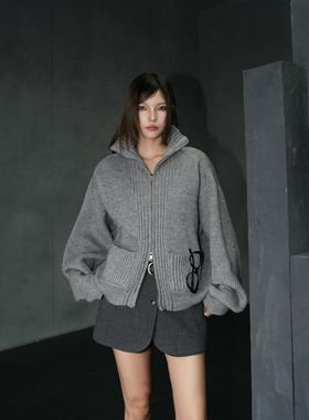 LQ LIMCIAO正版冬季新款 灰色气质双拉链毛衣外套女