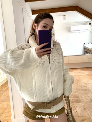 HOLDER正版秋季新款 慵懒洋气粗棒针半高领拉链毛衣外套女