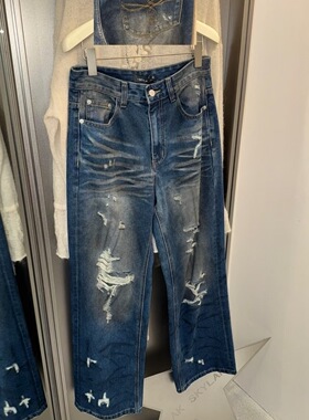 AK正版秋季新款 复古洋气深蓝色破洞牛仔裤女