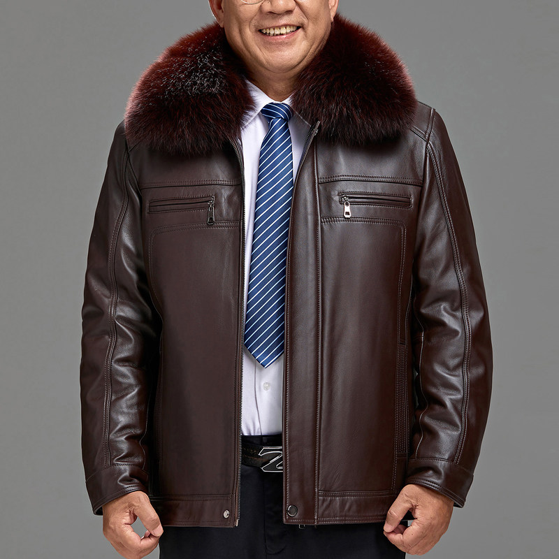 冬季海宁真皮皮衣男中老年绵羊皮夹克狐狸毛领貂皮外套皮草爸爸装
