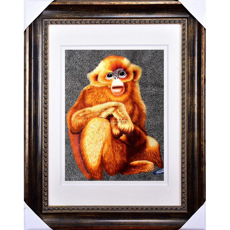 精品手工刺绣苏绣成品 客厅画乱针满幅绣金丝猴 玄关卧室挂画猴子