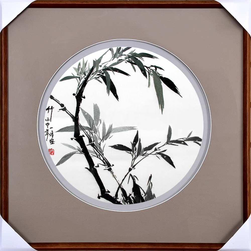 苏绣现代中式 纯手工刺绣竹子兰花 成品挂画客厅玄关书房水墨风格