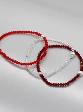 简约轻奢3mm闪亮施家奥地利水晶白珍珠手链女日韩高品质弹力手串