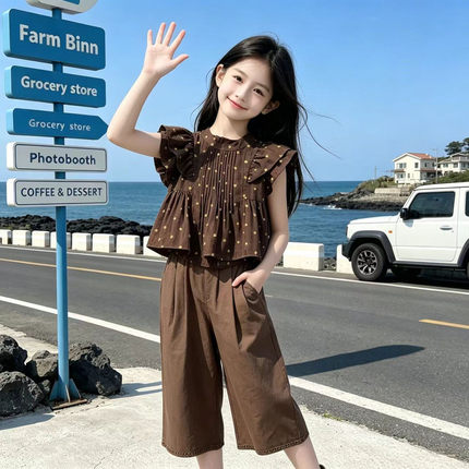女童夏季波点飞袖上衣阔腿裤两件套装休闲透气可机洗荷叶边松紧腰