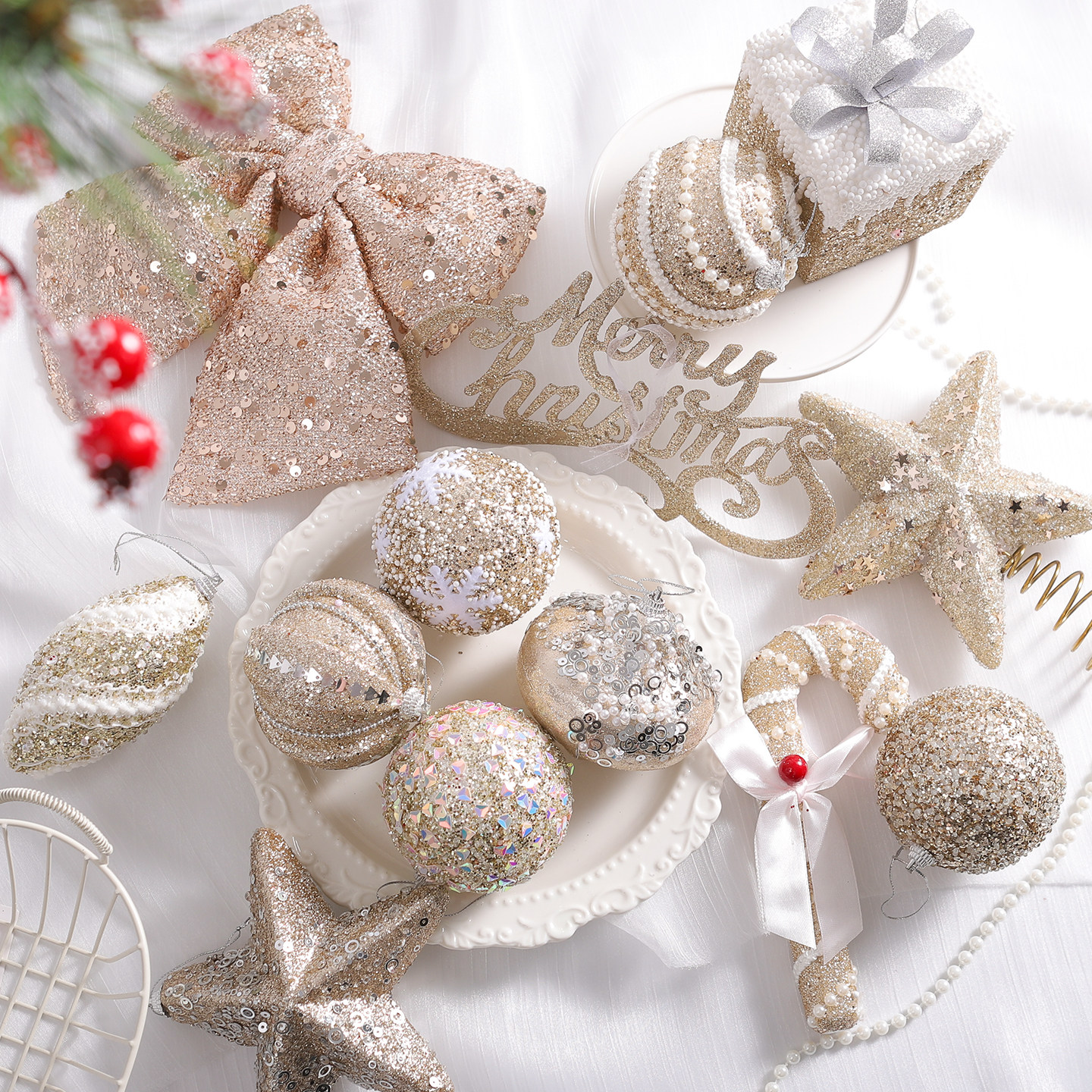 森韵圣诞节香槟金圣诞球挂饰布置