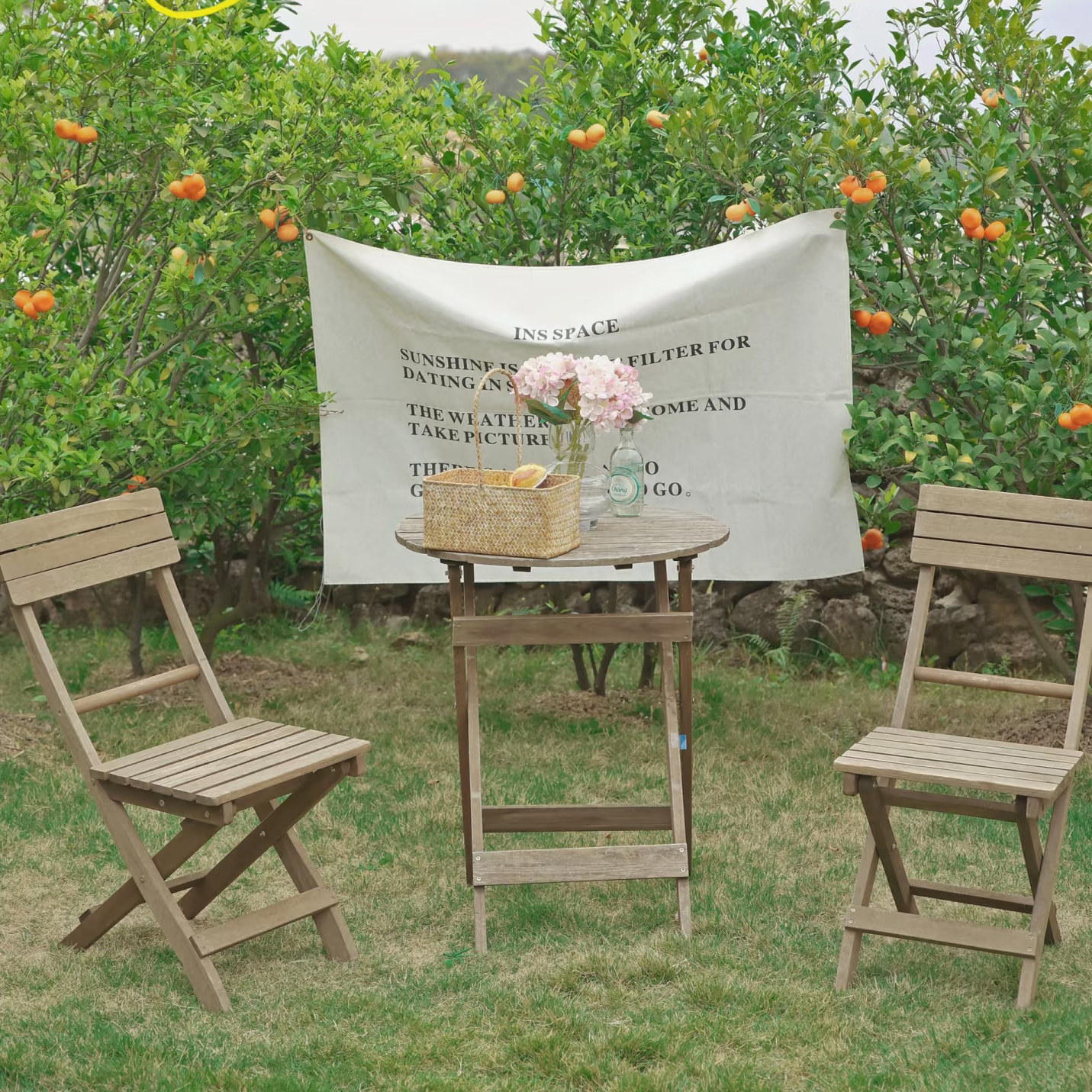 岩轩实木户外桌椅套装简约优雅风庭院休闲家具折叠椅便携小方圆桌