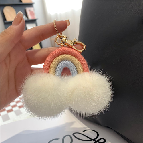 彩虹云朵挂件ins毛绒球包钥匙扣