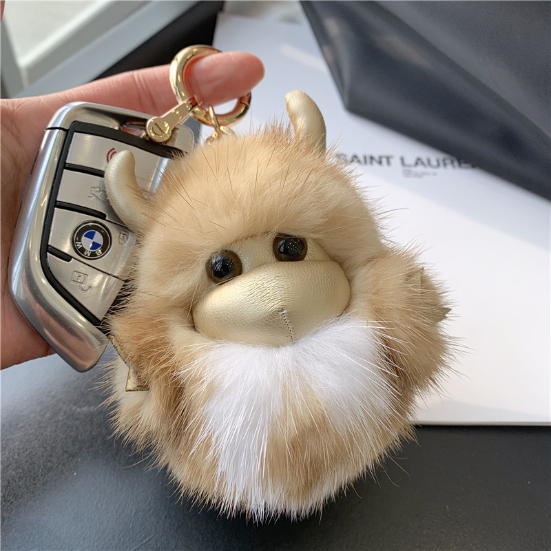 水貂毛小牛钥匙扣挂饰个性创意高档毛绒公仔玩偶包包挂件生日礼物