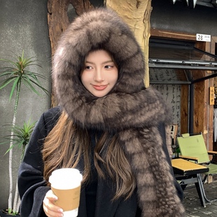 狐狸毛帽子围巾一体风雪帽女秋冬保暖高级感双面加厚毛绒护耳帽子