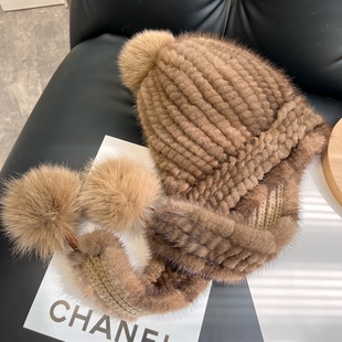 皮草帽子女士进口水貂编织围巾帽子一体风雪帽冬季貂毛保暖围巾帽