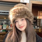 紫貂毛皮草帽子女冬季 东北保暖加厚加绒可爱狐狸毛球球护耳毛线帽