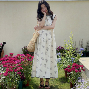新款 复古印花收腰显瘦连衣裙女夏季 中长裙 午后花园