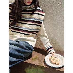 高领叠穿上衣 女针织衫 设计感条纹披肩毛衣马甲两件套装 25秋冬新款