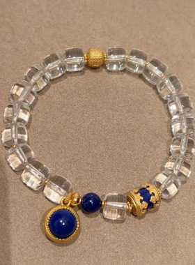 天然白水晶青金石黄财神显白手链