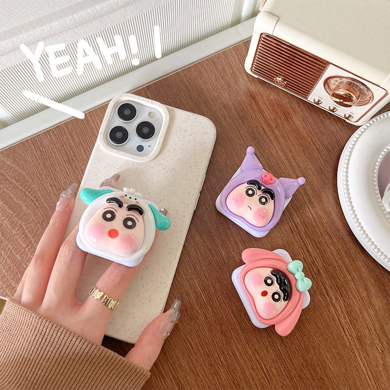 桌面支架可伸缩女翻盖镜子可爱ins风手机气囊支架小男孩小新背贴