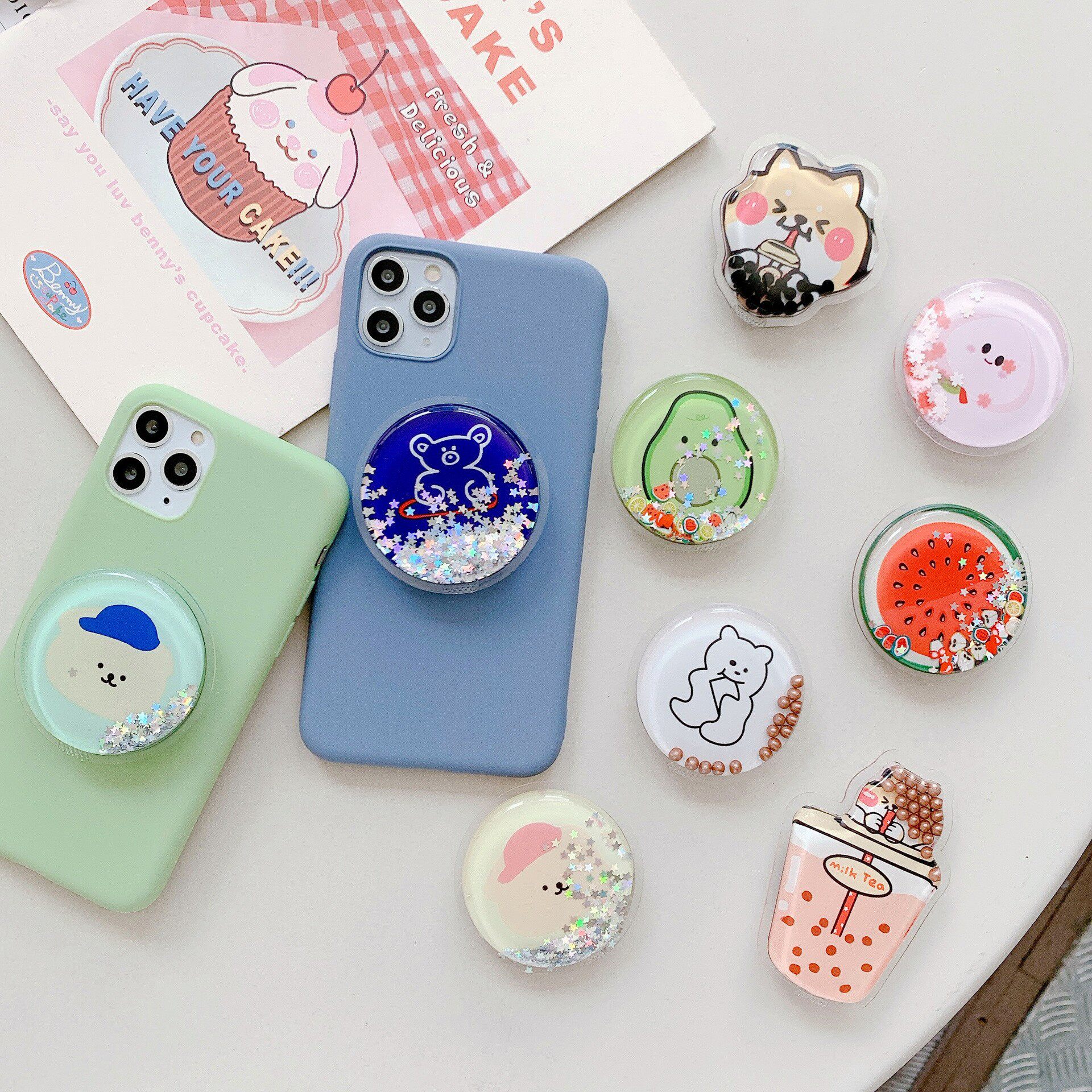 韩国ins可爱卡通流沙滴胶气囊支架懒人桌面折叠伸缩手机支撑礼品