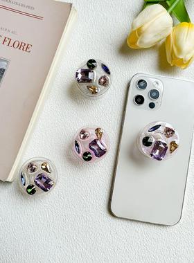 ins风紫色宝石水钻手机气囊支架粘贴式桌面可伸缩稳固爱心滴胶