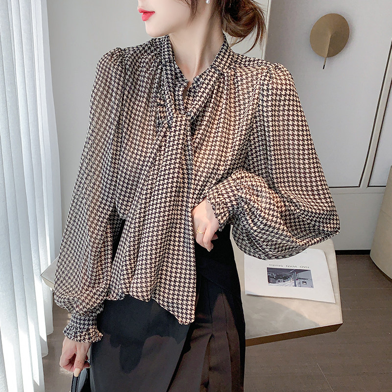 雪纺衬衫女2021春秋装新款设计感小众长袖上衣法式复古泡泡袖衬衣