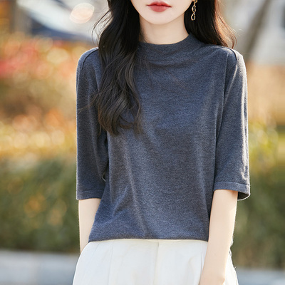 超细精纺羊毛打底五分袖针织衫女春季新款宽松内搭半高领中袖上衣