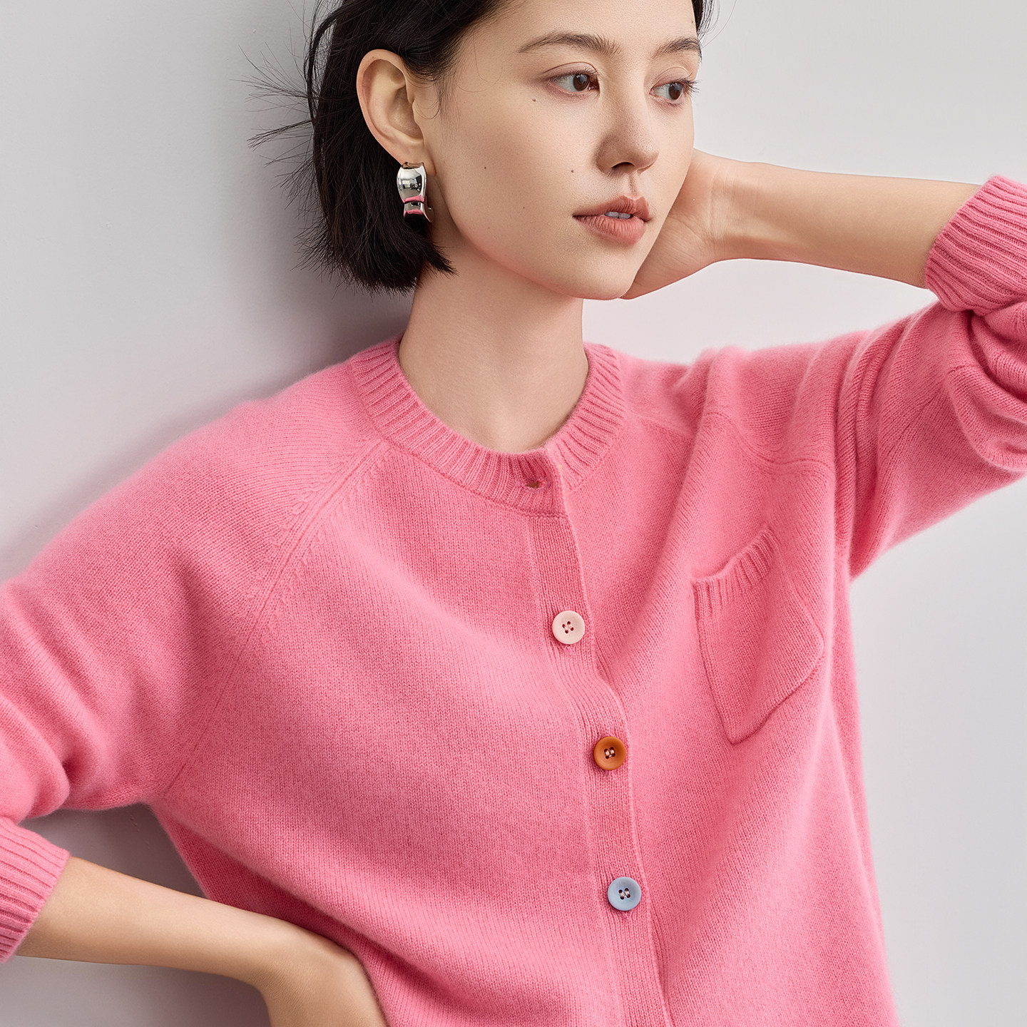 100%纯山羊绒开衫女圆领7针双股加厚纯色减龄宽松针织毛衣外套