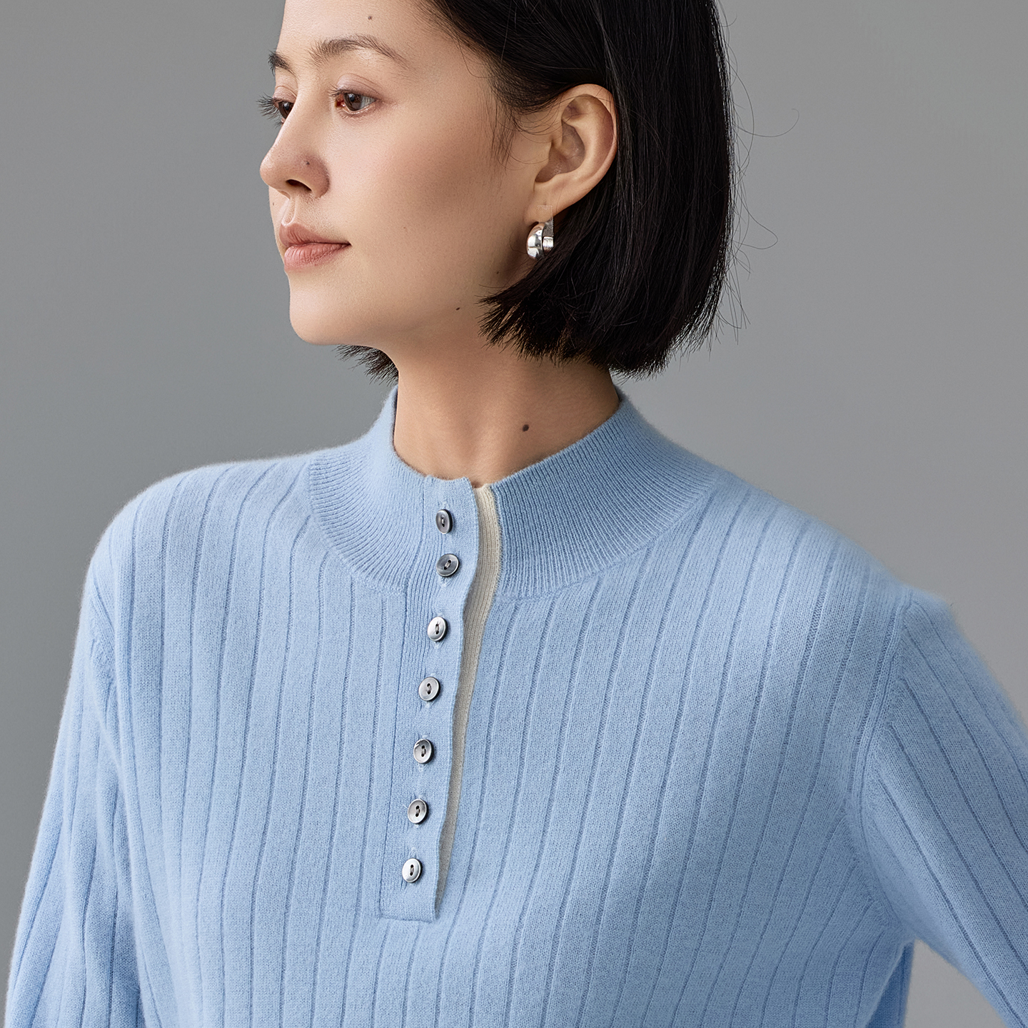 100%纯山羊绒衫女秋冬薄款半开领宽松气质拼色显瘦针织毛衣打底衫