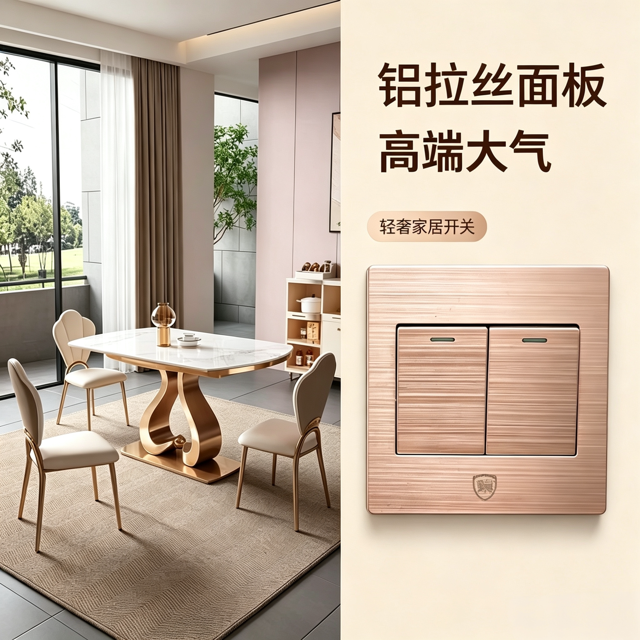 狮盾V10厚铝高端玫瑰金拉丝面板一开 二开 三开电脑插座二三插