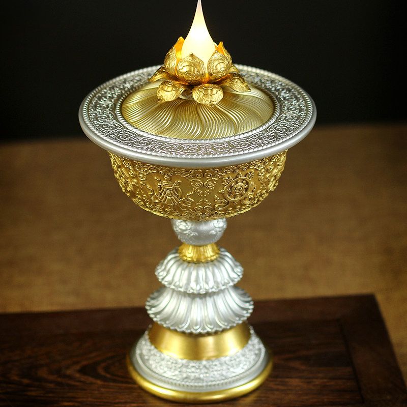 充电酥油灯灯座LED纯铜家用藏式莲花供佛灯电子蜡烛台摆件长明灯