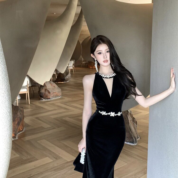 实拍实价  重工手工钉钻丝绒修身显瘦礼服连衣裙长款