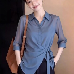 新款 蓝色韩系轻薄舒适翻领五分袖 衬衫 女2026夏季 上衣 系带显瘦大码