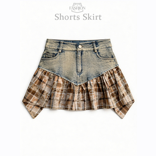 洋气A字包臀短裙显瘦a字裙 实拍牛仔拼接不规则格子半身裙女夏新款