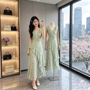ORWhite 复古浅绿色波点印花连衣裙女V领荷叶边无袖长裙垂坠感夏