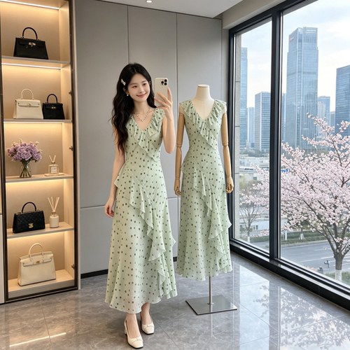 ORWhite 复古浅绿色波点印花连衣裙女V领荷叶边无袖长裙垂坠感夏