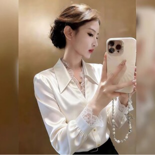 通勤风POLO领蕾丝拼接长袖 女装 时尚 简约宽松高级感设计感上衣 衬衫