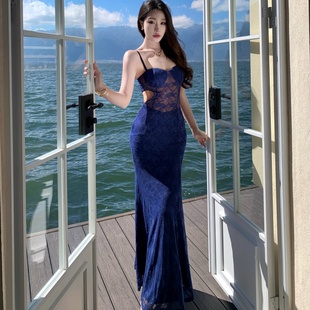 宝蓝色度假风连衣裙女修身 吊带露背鱼尾包臀生日礼服长裙