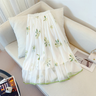 实拍2026夏新款 百搭手绘渐变大摆雪纺半裙 国风复古文艺女装