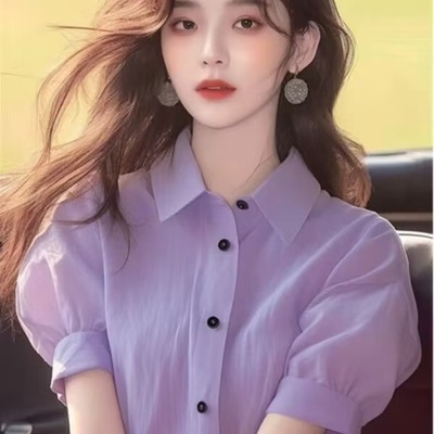 洋气独特别致上衣夏款女装新款小衫淡紫色Polo领泡泡短袖衬衫