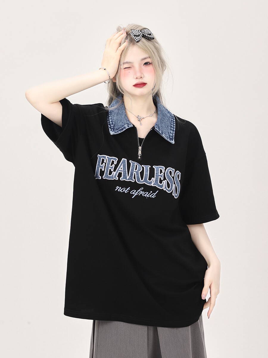 일본 복고풍 대비 색 접합 데님 폴로 칼라 반팔 티셔츠 여성 루즈 탑 틈새 디자인 폴로 셔츠
