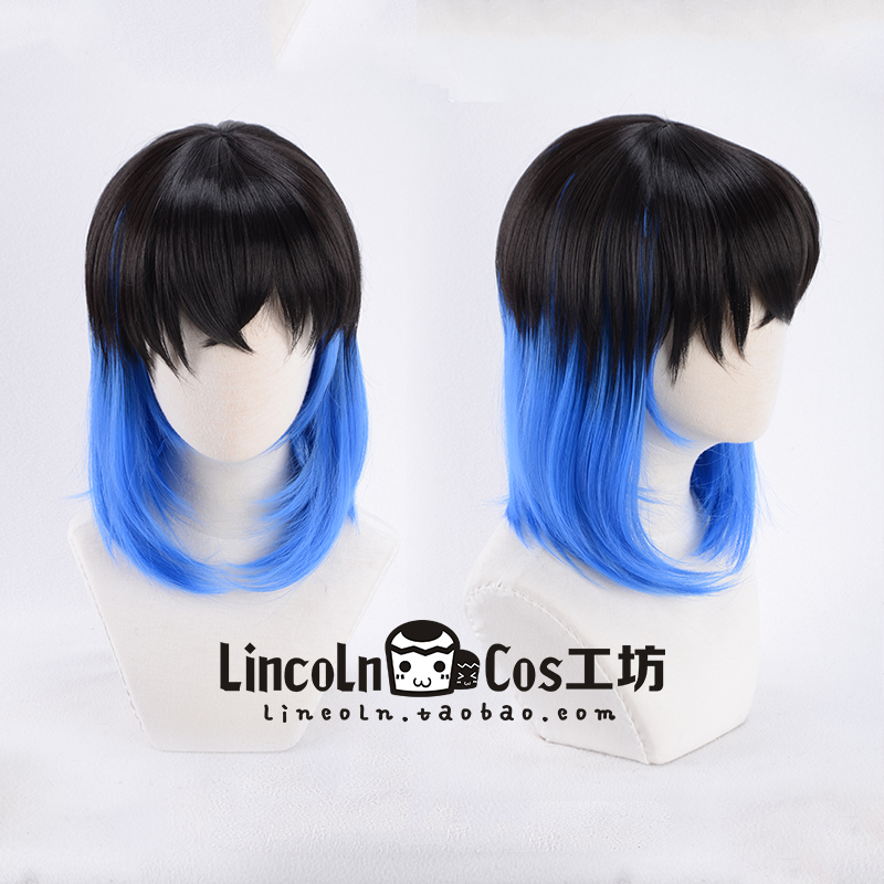 LINCOLN 鬼灭之刃 嘴平伊之助 猪脸美少 黑蓝渐变COS假发