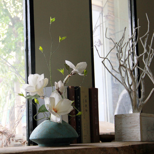 景德镇新中式陶瓷禅意插花花瓶白色玉兰花仿真花客厅民宿酒店装饰