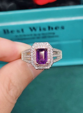 天然橄榄石戒指女 基地检测天然紫晶祖母绿切工双色开口彩宝戒指