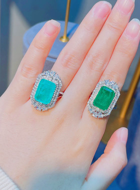 小红书推荐仿天然棉絮祖母绿戒指 奢华满钻帕拉伊巴彩宝开口戒指