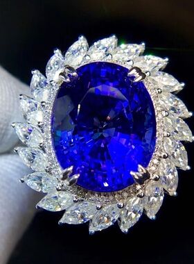 仿天然5A皇家蓝坦桑石戴妃款开口戒指 镀18k白金微镶豪华珠宝首饰