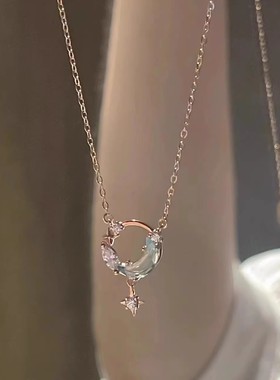 直播爆款钛钢星月项链女轻奢小众设计感星星月亮锁骨链蓝色颈链