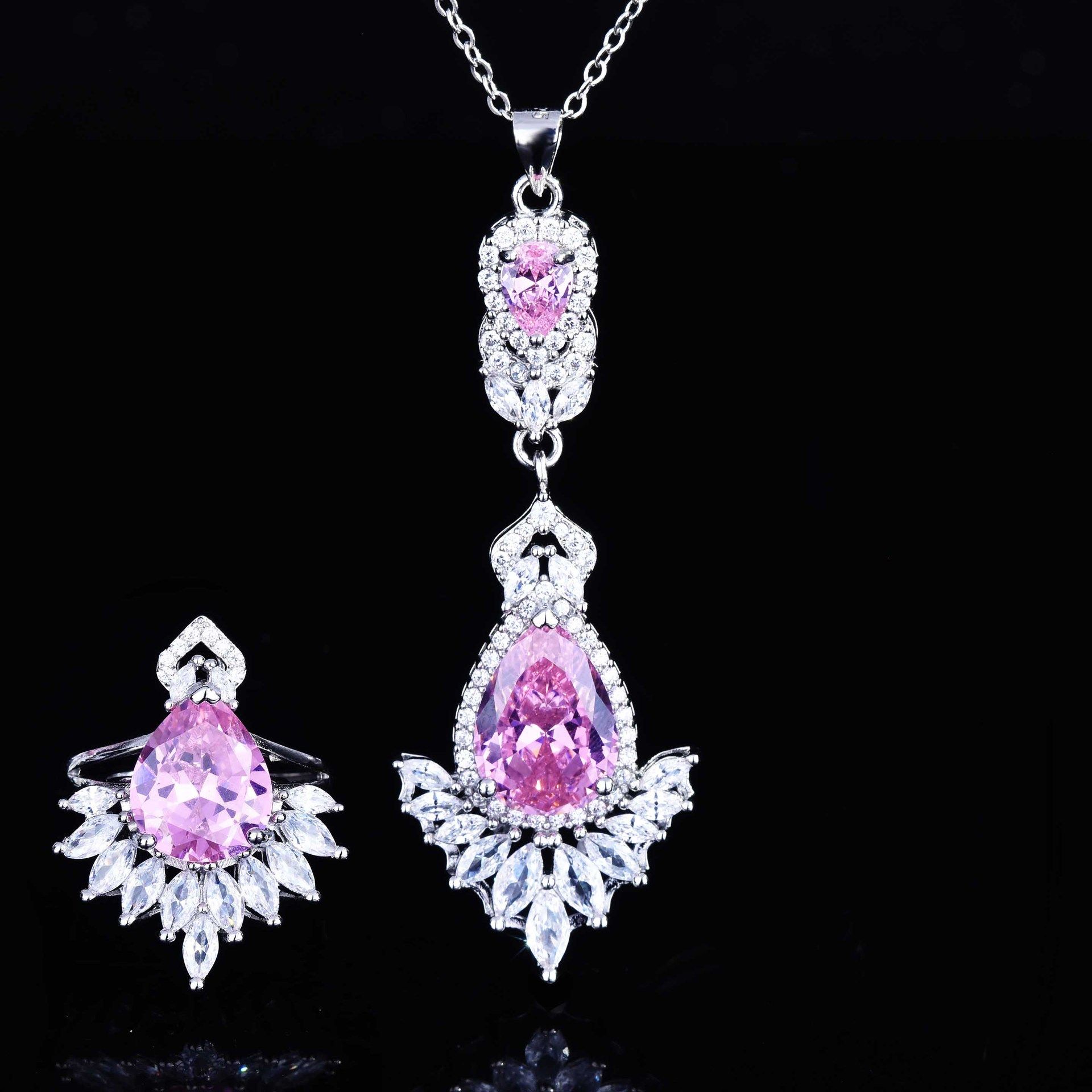 直播新款重工设计阿盖尔粉钻套装 欧美轻奢满钻彩宝吊坠开口戒指